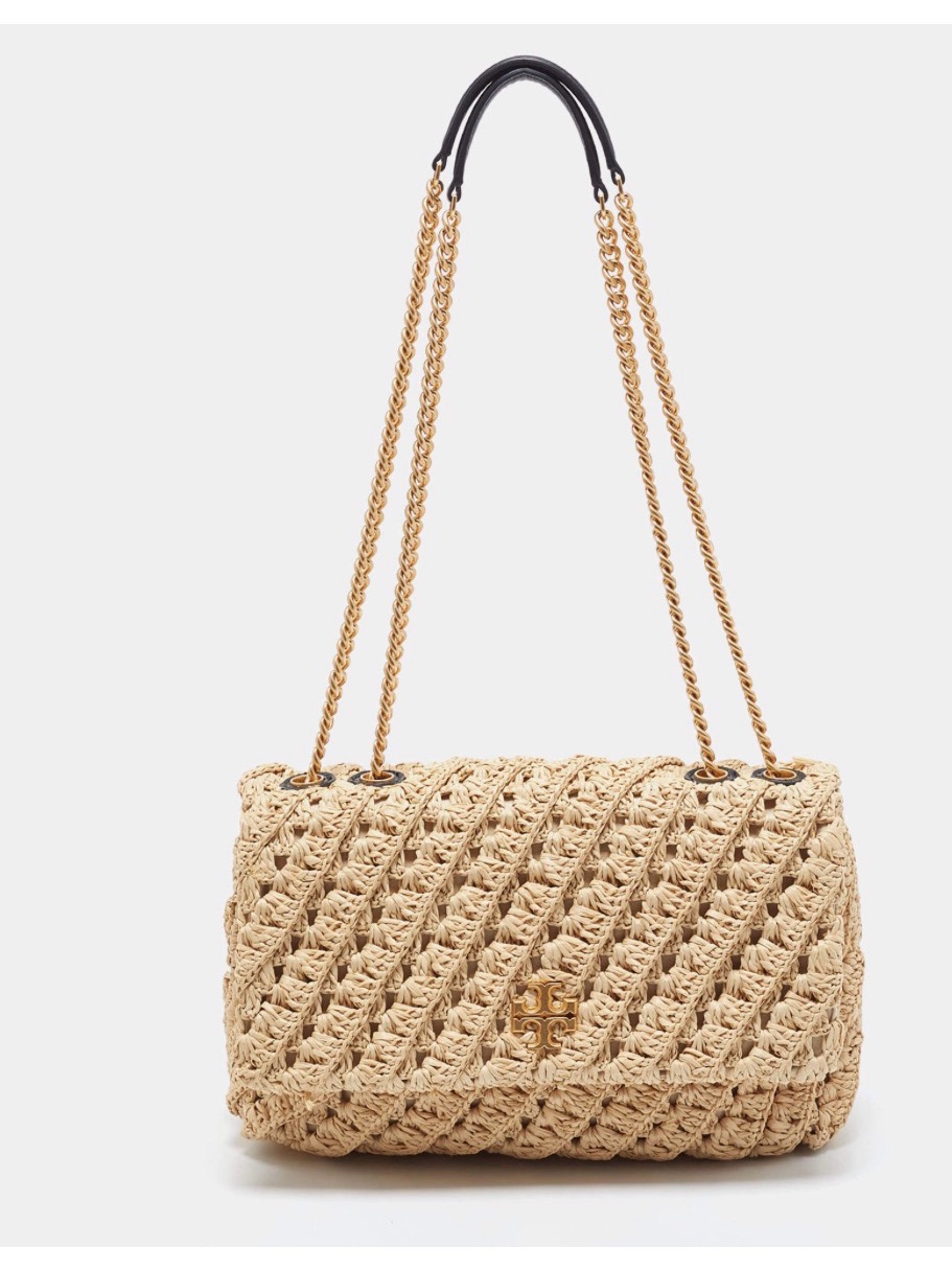 Tory Burch Beige Woven Raffia Shoulder Bag With Gold Chain